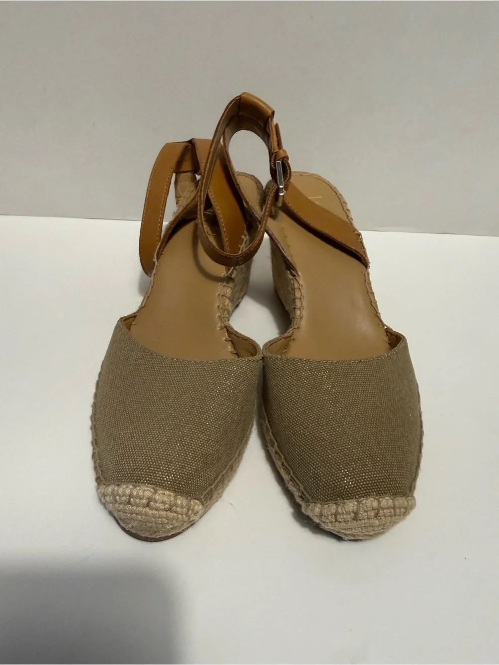 Franco Sarto Tan and Olive Canvas Espadrille Wedge Sandals
